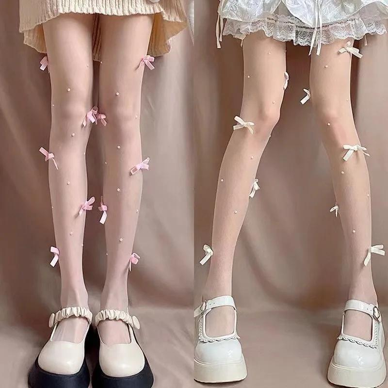 Pink Velvet Bow Embroidery Pearl Tights Pantyhose Fashion Women Tights JK Lolita Styles Sweet Girls Kawaii Cute Tights