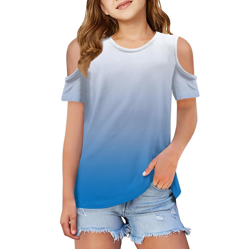Children summer fashion T-shirt dew shoulder round collar gradient leisure coat