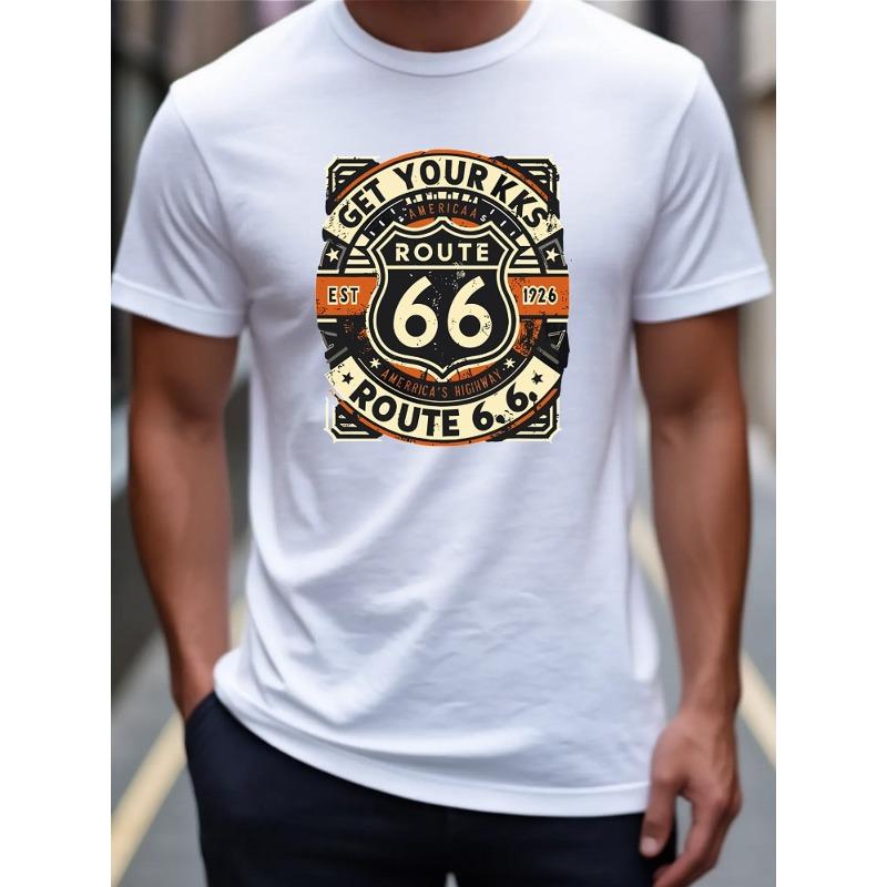 Men s Route 66 Vintage Route Number 66 T-Shirt - Casual Summer Tee, Regular Fit Retro Highway 66 Logo for Road Trip Enthusiasts S