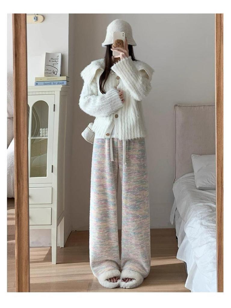 Women's Rainbow Bubble High Waist Fleece-Lined Pants - Autumn Winter 2024, Lazy Style, Drapey, Cotton, 145 Petite