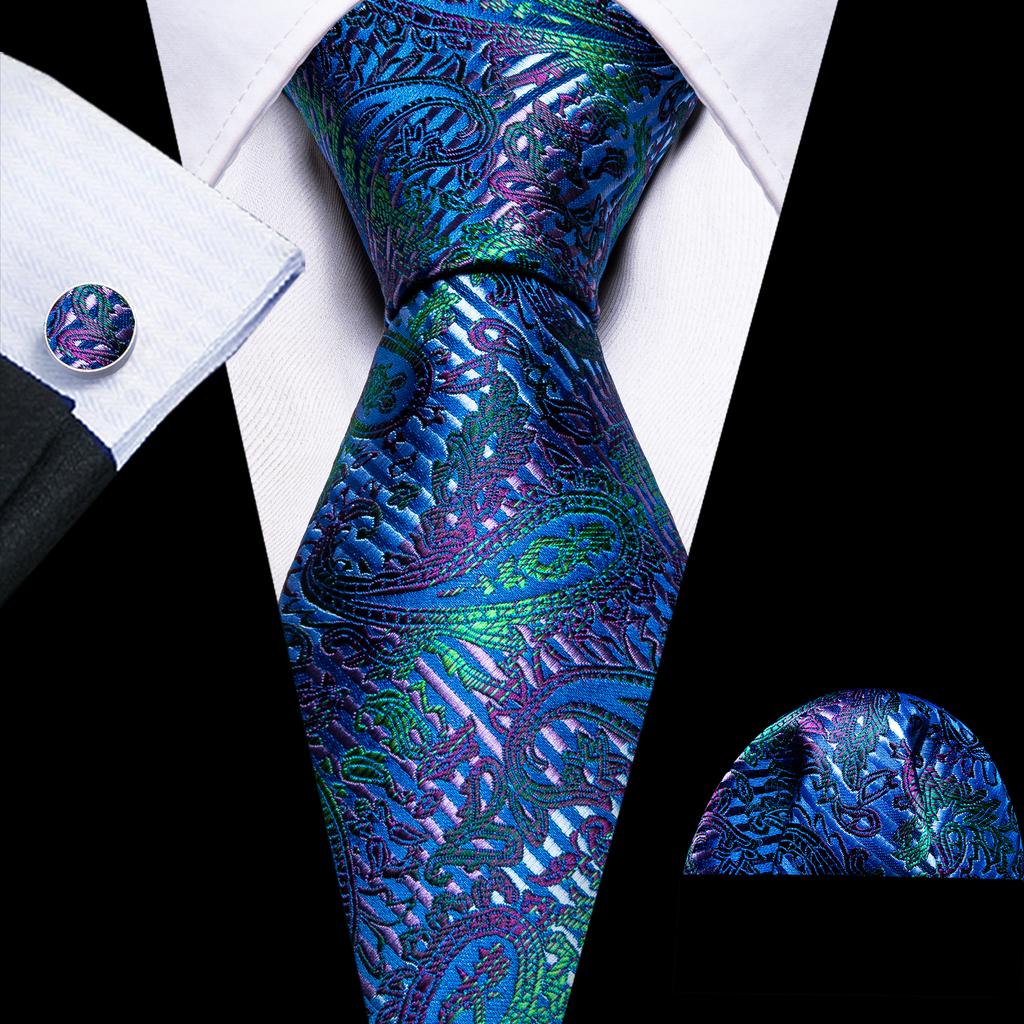 Barry.Wang Floral Ties for Men Woven Paisley Wedding Necktie Handkerchief Cufflinks Formal Casual Set