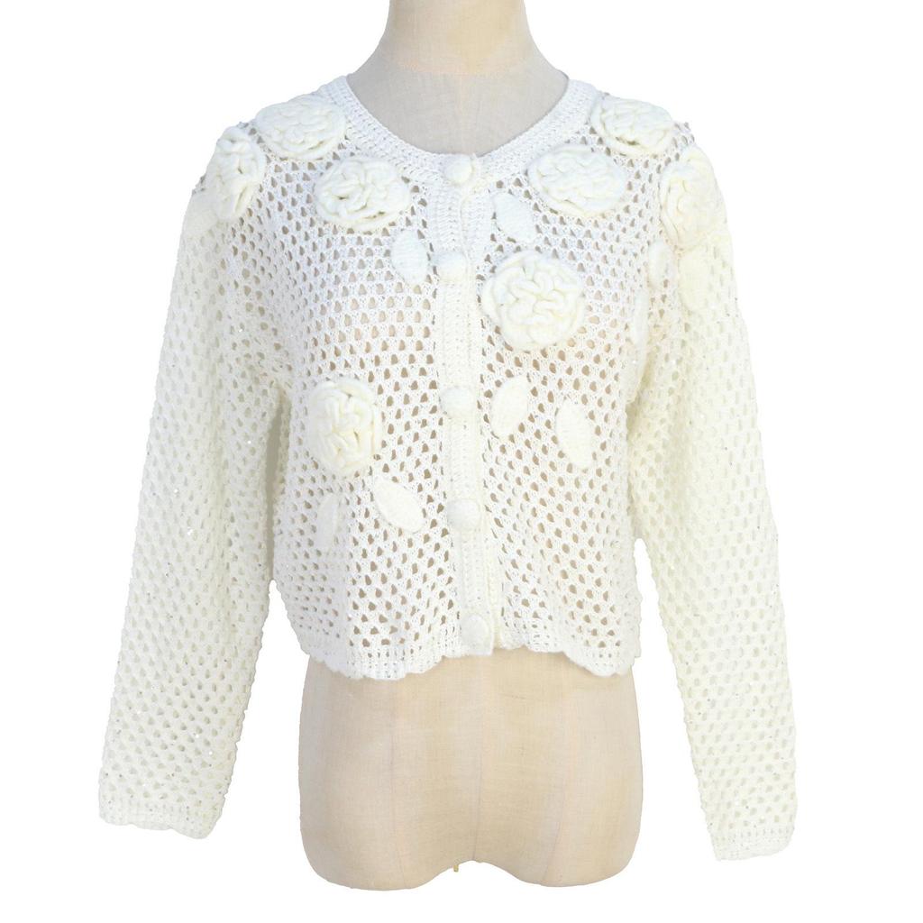 Handmade Crochet Retro Rose Long Sleeve Cover-up Cardigan