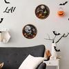 Vintage Owl Black Cat Ornaments Halloween Round Puzzle Sign Witch Skull Wooden Decor with Stable Base Decorative Stand Spooky Tabletop Ornament for