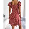 VEZFAA Damenmode Sommer Frühling Blumenmuster Druck Kurzarm Quadratischer Kragen Hohe Taille Freizeitkleider