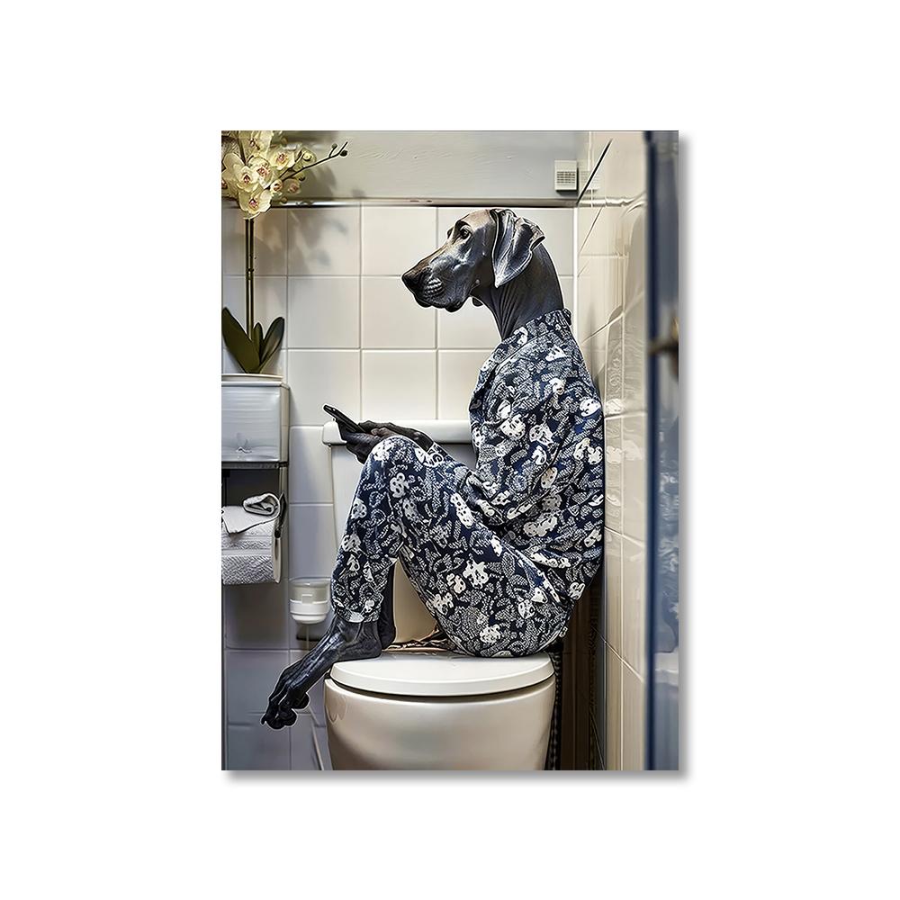 1PC Unframed Funny Pet Dog in Toilet Reading Newspaper Play Canvas Painting Animal Pictures Wall Art for Home Bathroom Decor