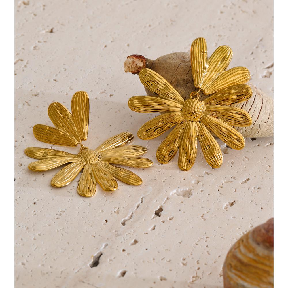 Yhpup Edelstahl Metall Blume Hängende Ohrringe Wasserbeständig Beliebt Goldfarben Tägliche Schmuckstücke