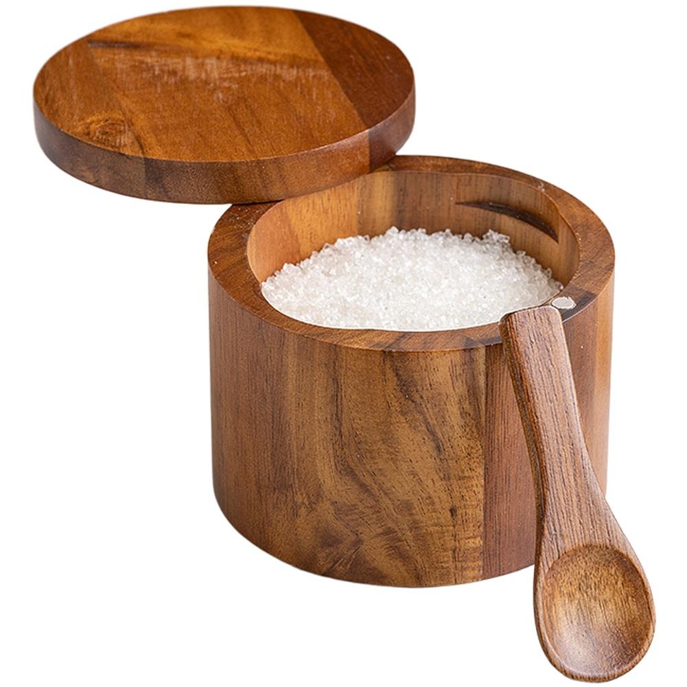 1PCS Acacia Wood Salt Shaker Spice Container Built-in Spoon Slot Condiment Box Kitchen Storage Modern Magnetic Lid Tool