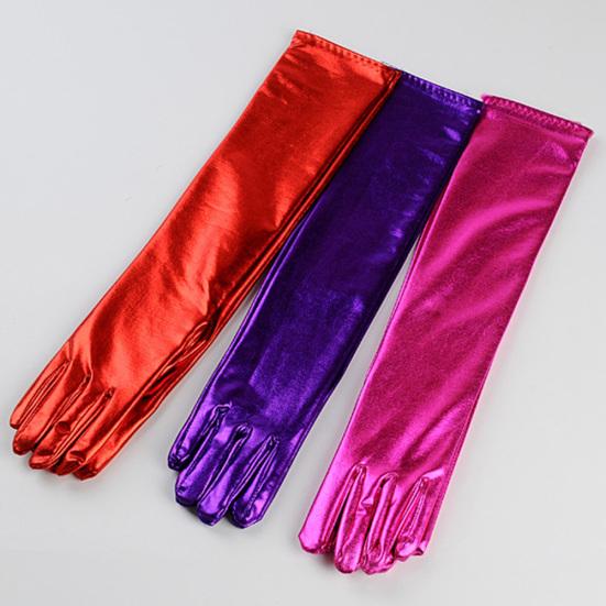 Cosplay Party Stage Performance Women Full Finger Shine Faux Leather Long Gloves