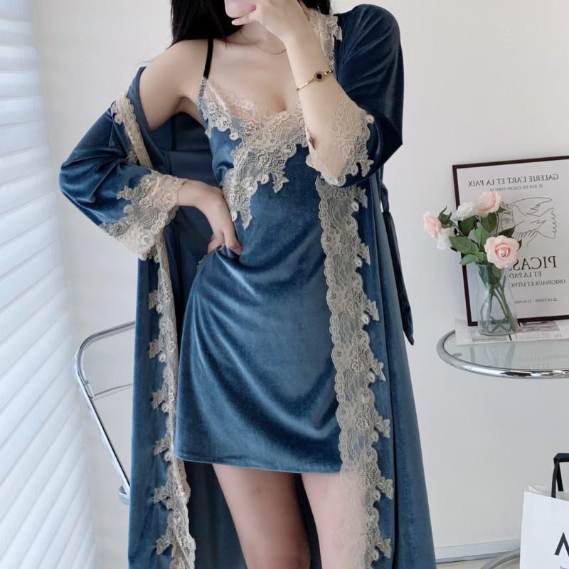 Velvet Women Homewear Sexy Lace Kimono Bathrobe Gown Trim 2PCS Robe Set Loose Casual Lounge Wear Autumn Winter Velour Sleepwear