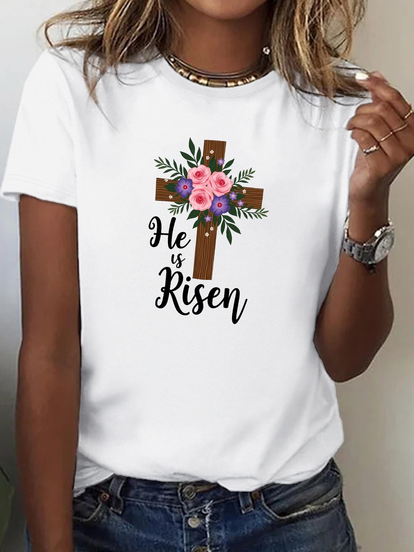 

European size Teediy Women s Christian Faith T-Shirt with Floral Cross and He Is Risen Print- Comfortable Fit A-Line Short Sleeve Crew Neck Casual 4XL