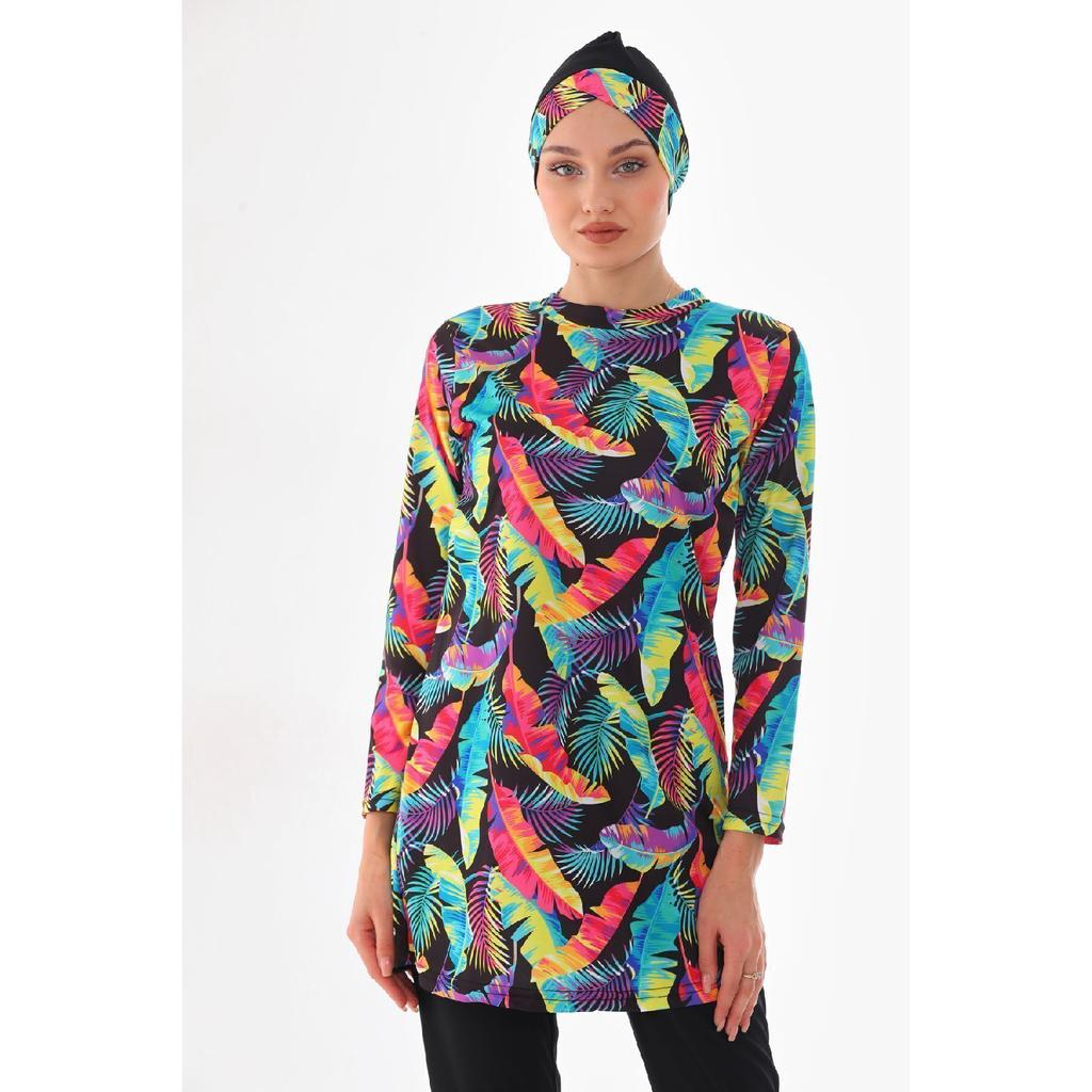 Vollständig bedeckter Lycra-Hijab-Badeanzug mit marineblauem Muster