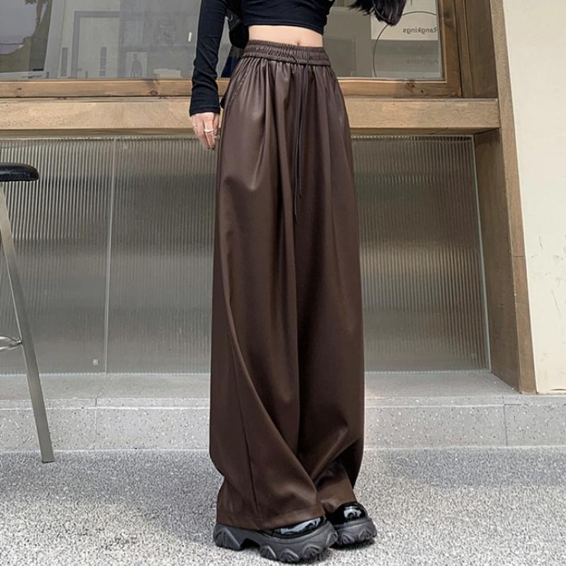 Pantalones de Moda Urbana Negros de Cuero PU de Pierna Ancha para Mujer Sólidos Rectos Sueltos Casuales Pantalones Elegantes de Cintura Alta Ajustados Vintage para Dama 25620