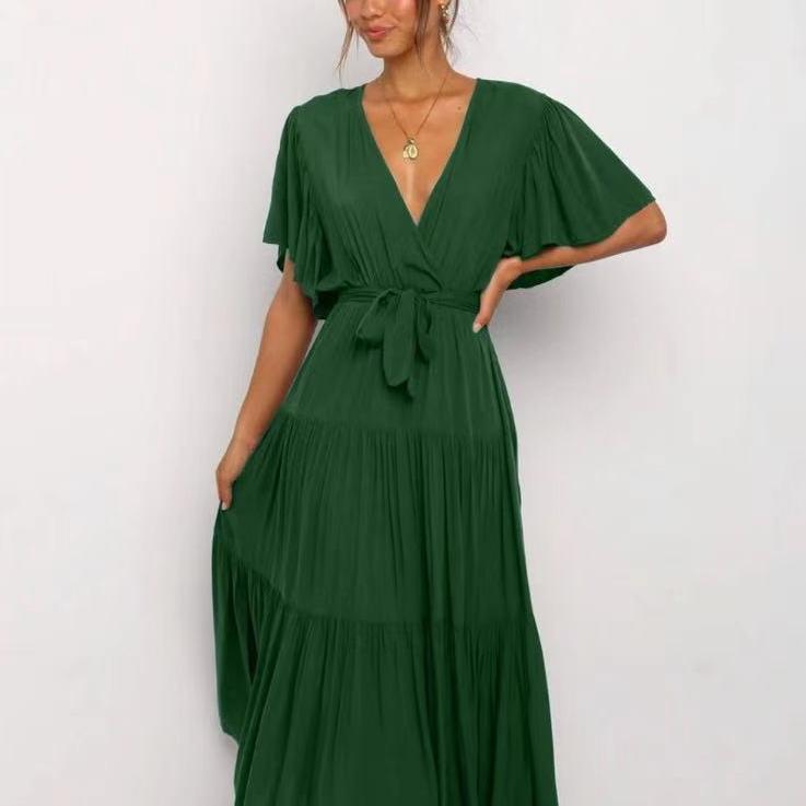 

Летнее платье QICED с V-образным вырезом, короткими рукавами, длинной юбкой и шнуровкой на талии в стиле бохо XL