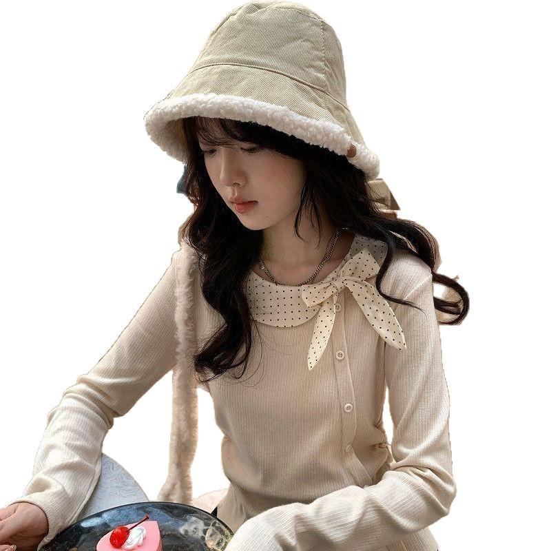 Women's Retro Patchwork Bow Long Sleeve T-shirt - Korean Style Autumn/Winter Top