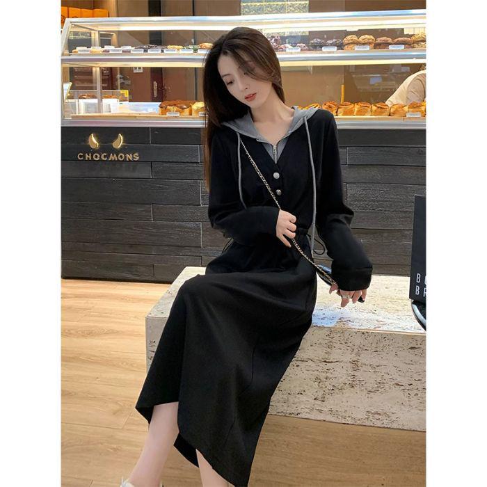 Korean Plus Size Elegant Hooded Waist-Cinched Mid-Length Dress for Spring/Autumn 3XL