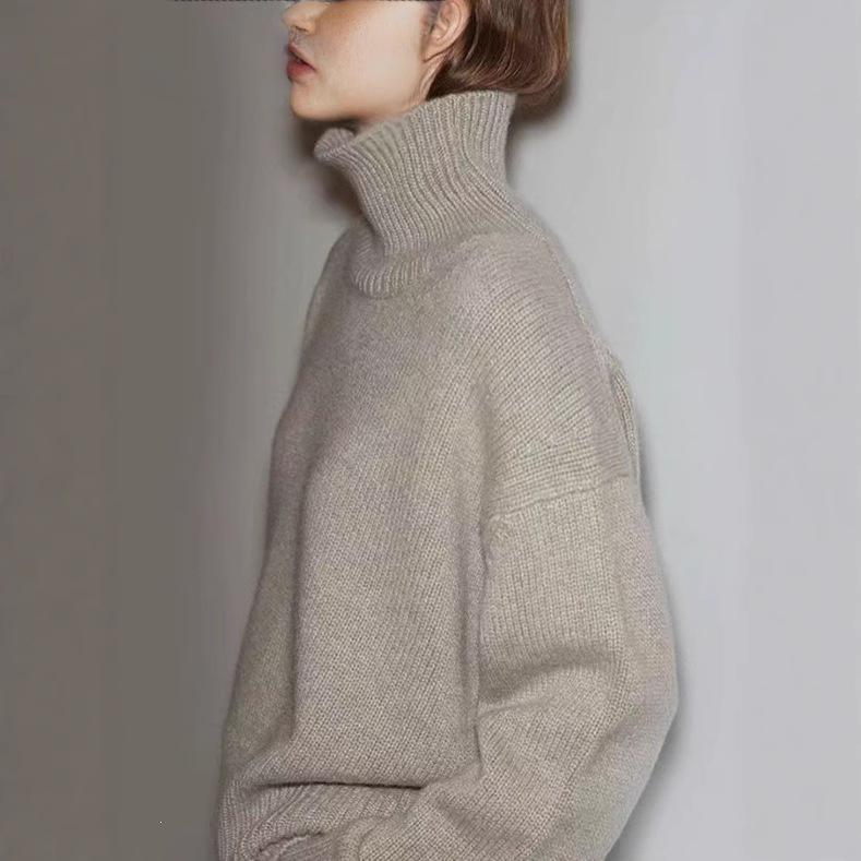 Gray High Collar Women's Knit Sweater: 2026 Autumn/Winter Loose, Thickened, Lazy Korean Style Base Layer