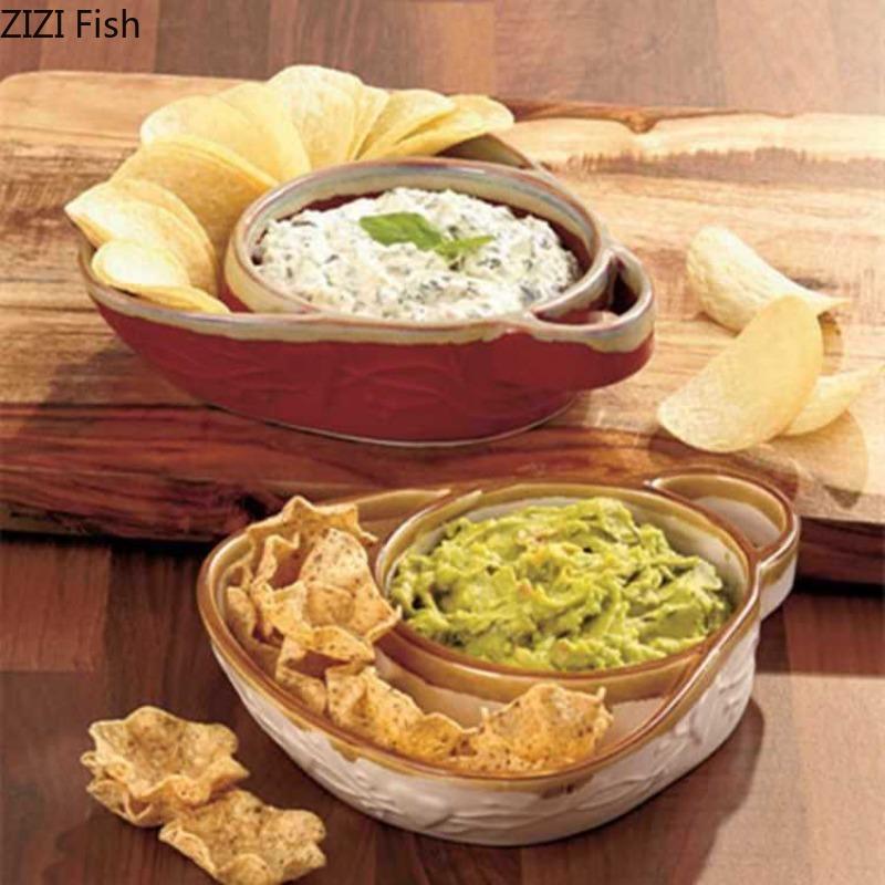 Vintage Split Plate Ceramic Breakfast Fruit Salad Plate Hotel Restaurant Buffet Plate Home Party Creative Baked Rice Tableware