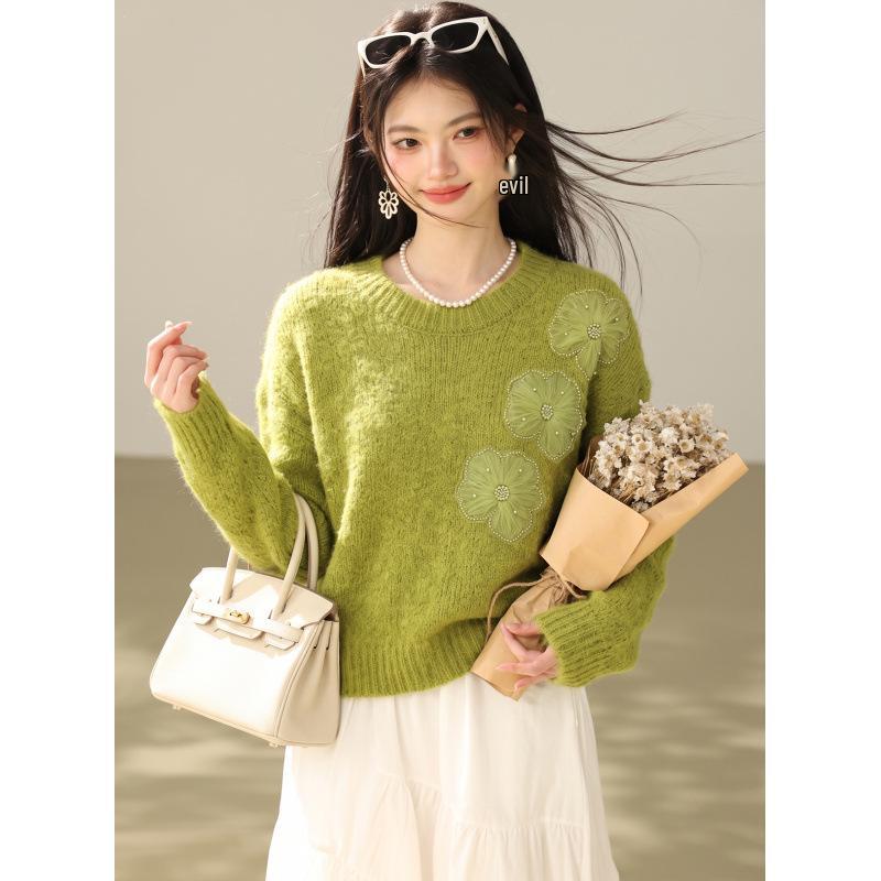 2026 Autumn Soft Fluffy Round Neck Knit Sweater - Sweet Lazy Style Pullover