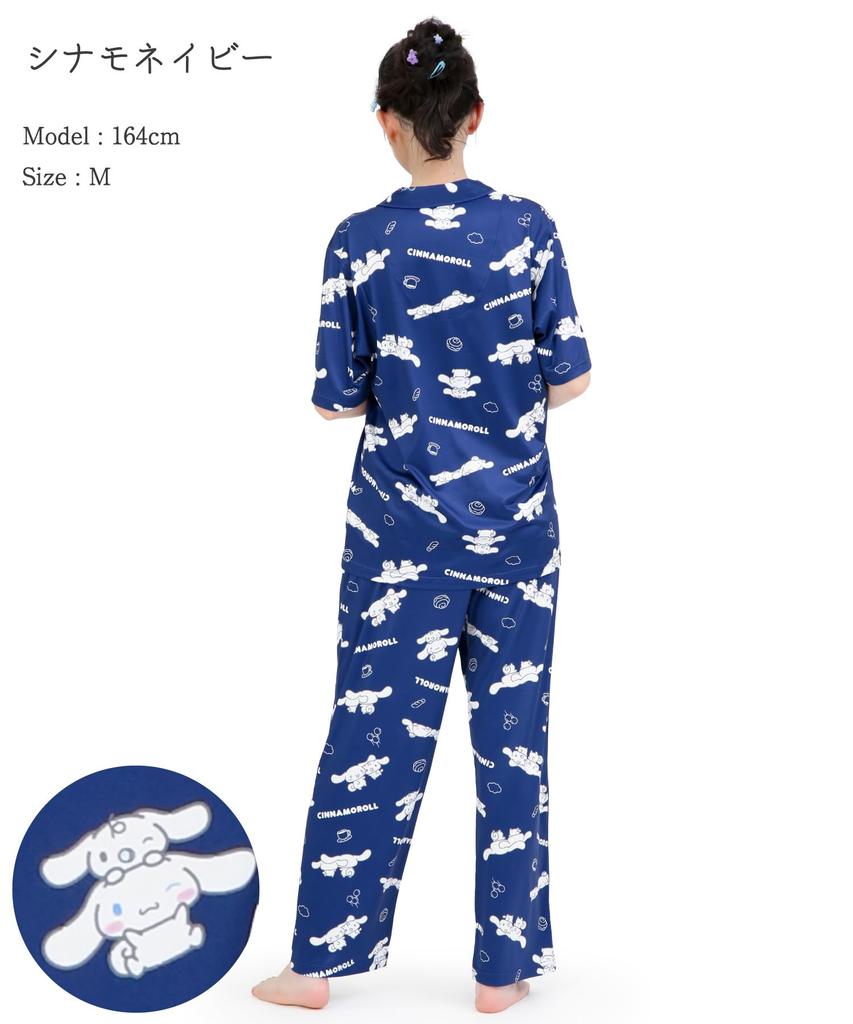 SAZAC Cinnamoroll and Milk Shirt Powder Stretch Short Sleeve and Long Pants Loungewear Pajamas, Fabric, Women's Set, (Navy/M/SAN1951)