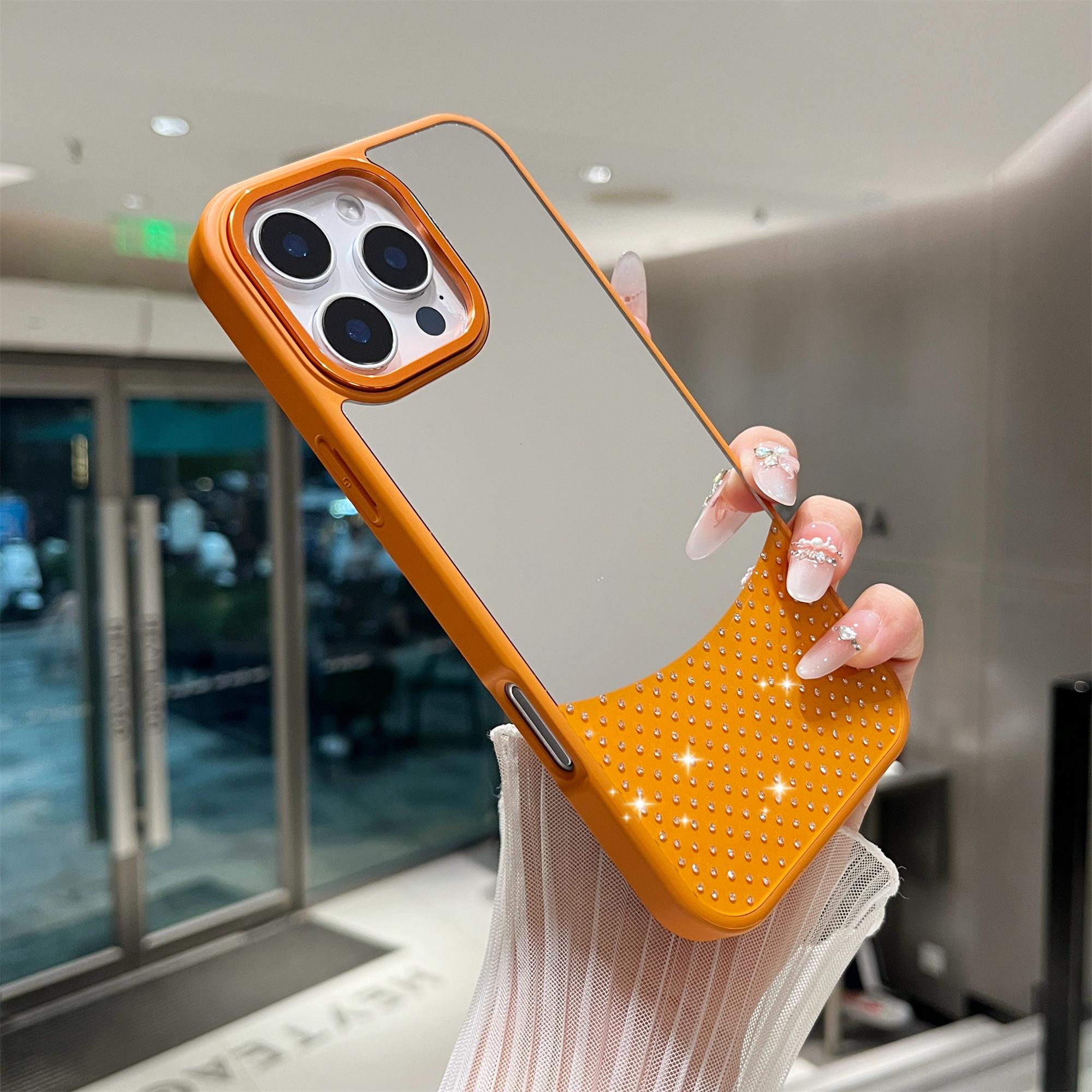 

For iPhone 16 Pro Max Case Mirror Surface TPU+PC Shockproof Phone with Metal Lens Frame Orange