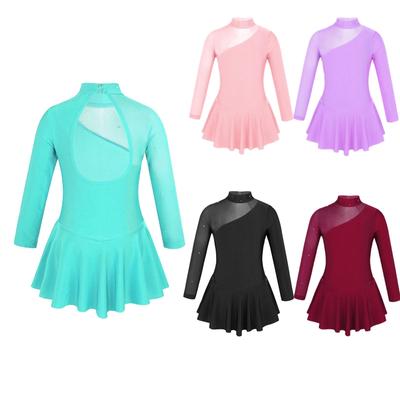 Kids Girls Long Sleeves Mock Neck Tulle Splice Figure Ice Skating Roller Skating Ballet Dance Leotard Dress