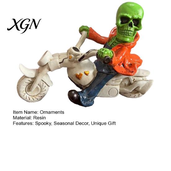 Cool Desk Figurine Halloween Skeleton Riding Motorcycle Figurine, Gothic Spooky Statue for Home Niche Collection Ornament Garden, Resin Biker
