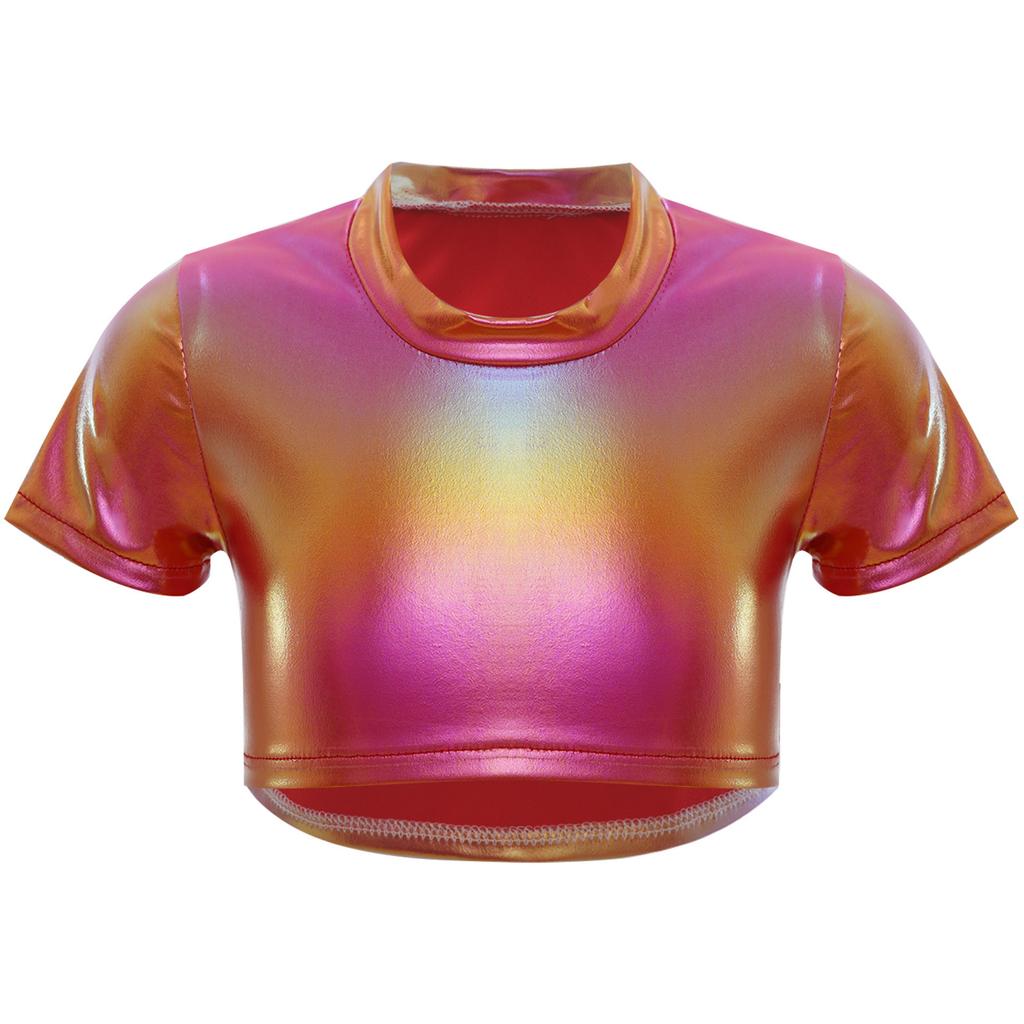 Girls Jazz Dance Top Metallic Short Sleeve Round Neck Crop Tee for Cheerleading Stage Performance