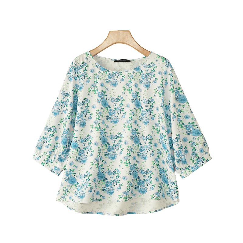 

ZANZEA Женская повседневная блузка с круглым вырезом, рукавами 3/4, свободного кроя, с цветочным принтом M синий