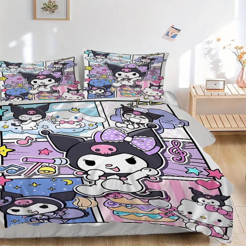 

3pcs Cartoon Kuromi & Hello Kitty Sanrio Quilt Cover Set (1 Quilt Cover + 2 Pillowcases Without Pillow Core), High-Definition Printing for Home a 135x200cm