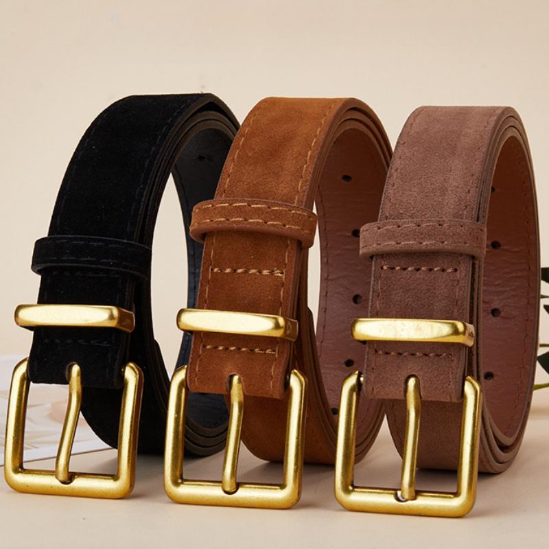 Women Luxury Suede Cowhide Belt 2.8Cm Wide Waistband For Dresses & Jeans Vintage Style With Gold Buckle
