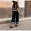Spring New Design Sense Retro Short V-neck Embroidered Vest High Waist Wide Leg Casual Embroidered Trousers
