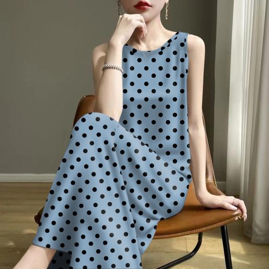Summer Polka Dots Tank Dress for Women Casual Crew Neck Beach Vacation Sundress Loose Sleeveless Midi Dress