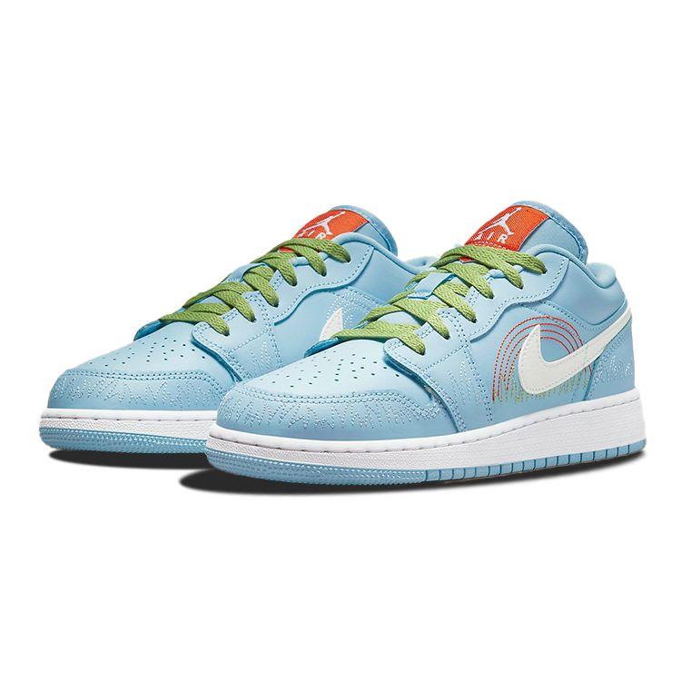 Air Jordan 1 Low SE GS Blue Stitch Kids Sneakers Psychic-Blue Vivid-Green Safety-Orange DO8227-400