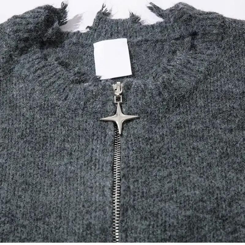 Men's Half-Zip Ripped Sweater - American High Street Design, Round Neck, Casual Knitwear for Couples (Spring/Autumn)