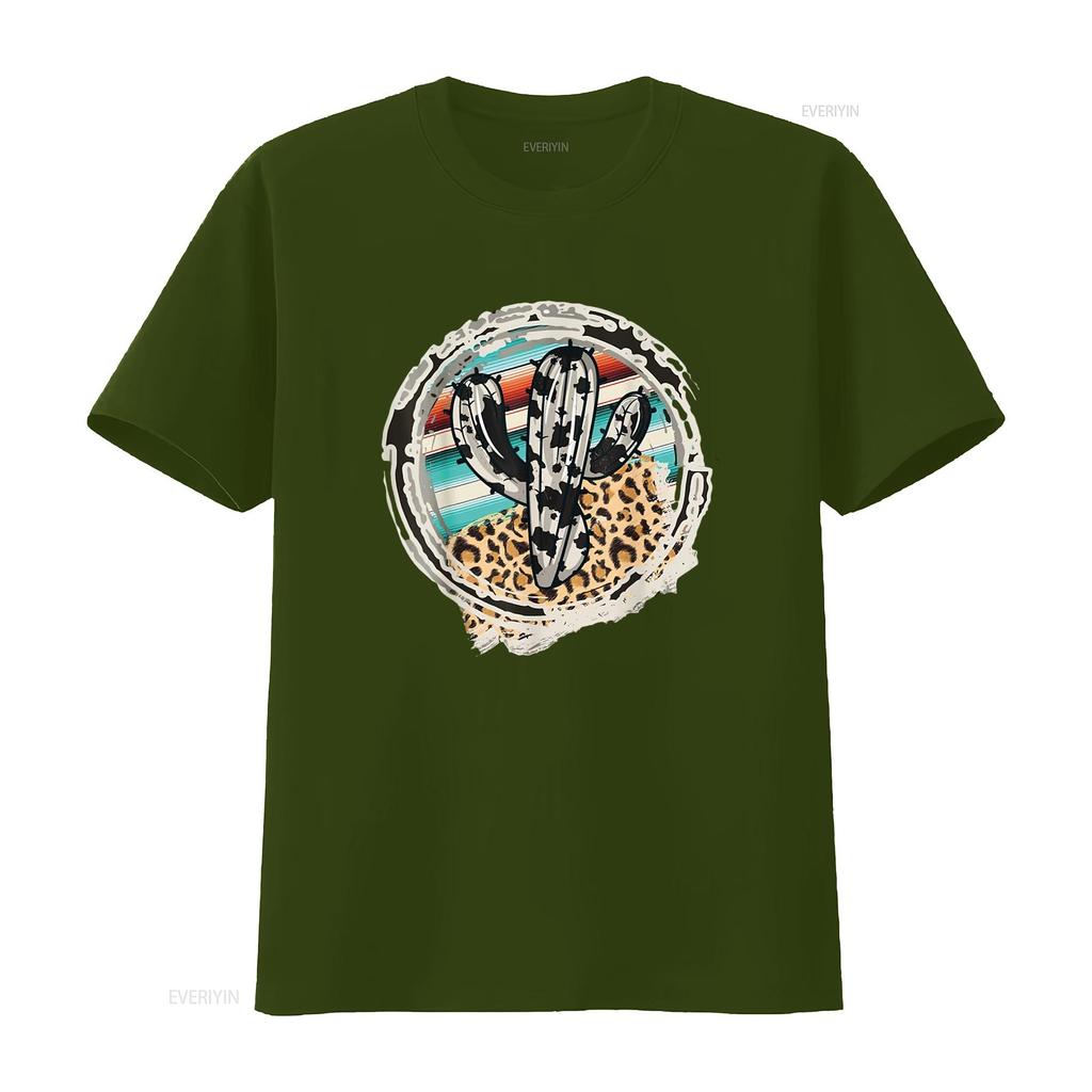 Leopard Cow Pattern Cactus Serape Print Cowgirl Ro Trendy T Shirt for Women Stylish and Comfortable Vintage Washed Graphic