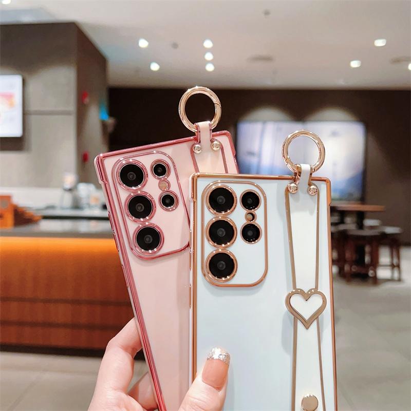 Electroplated TPU Wrist Strap Holder Back Case For Samsung Galaxy S25 S24 S23 S22 S21 Ultra + S20 FE Lens Protection Cover
