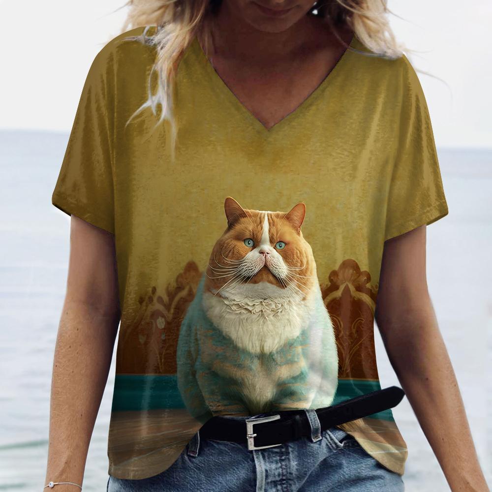 Animacinės katės spaudiniai Moteriški marškinėliai Mielas pilvo katės raštas Laisvalaikio trumpos rankovės Vasaros mados marškinėliai Laisvi moteriški drabužiai Viršus
