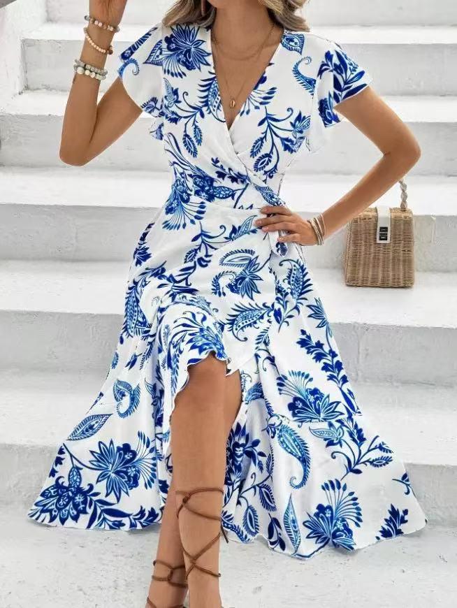 2025 European Summer Women's V-Neck Ruffle Dress with Digital Print