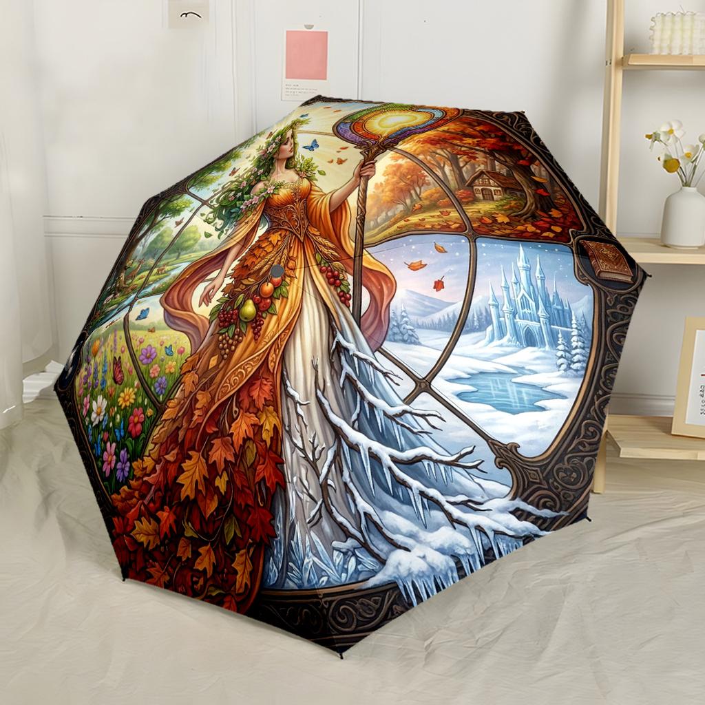 Autumnal Fantasy With Lady Portable Automatic Umbrella Retractable Design with 8-Rib Durability Compact Design Travel Essential Outdoor Accessory