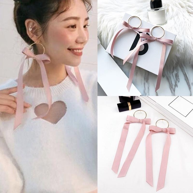 Sweet  Ribbon Bow long metal ring earrings earrings simple temperament female personality