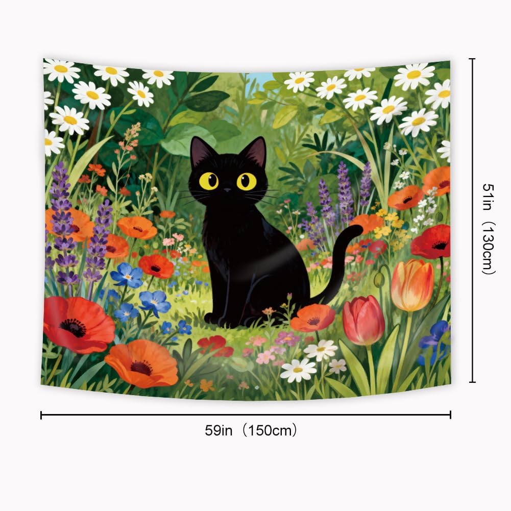 Cute Cat Tapestry Funny Black Cat Flower Floral Wildflower Lovely Plants Botanical Rustic Nature Farmhouse Garden Wall Hanging