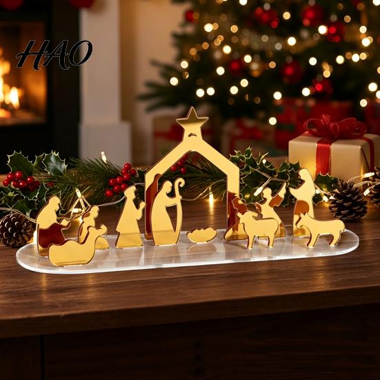 Modern Acrylic Craft Christmas Ornament, Mirrored Golden Silhouette Scene, Decorative Reusable Holiday Display Desktop for Living Room Fireplace