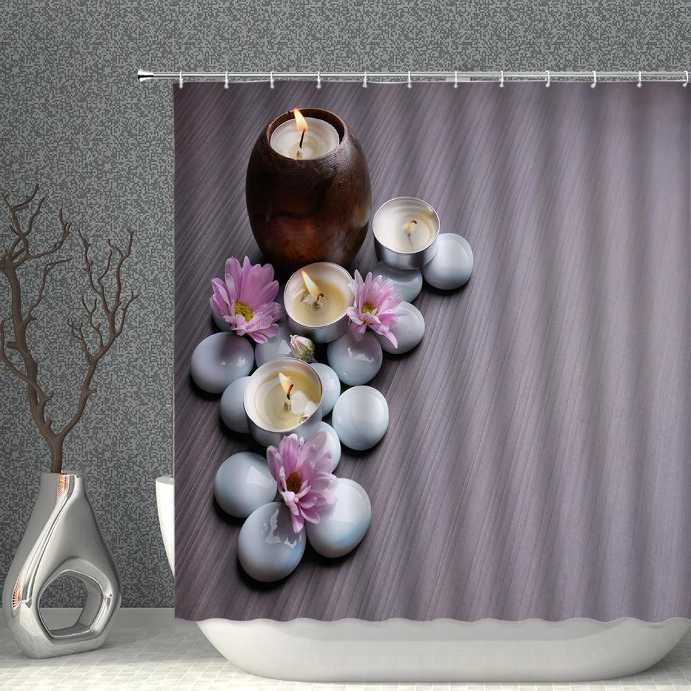 Zen Stone Shower Curtains Green Plant Bamboo Flower Candle Bath Decor Printed Polyester Fabric Home Decoration Bathroom Curtain