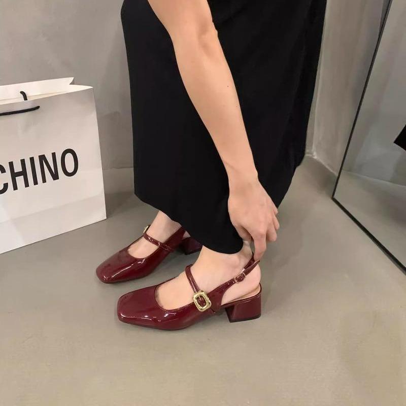 French thick heel bag head sandals women's skirt red single shoes 2025 summer new gentle evening Mary Jane shoes