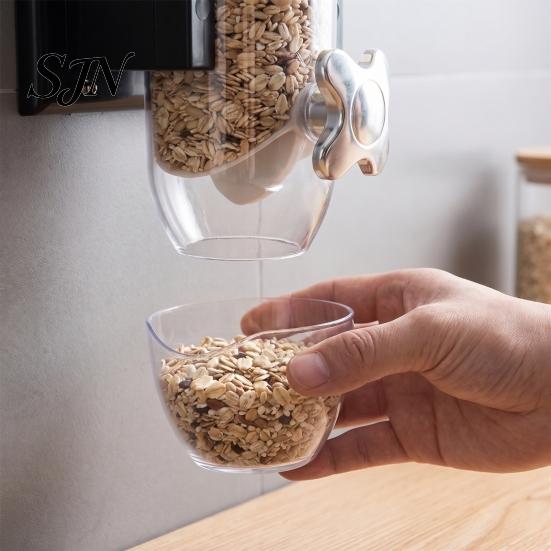 Plastic Food Storage Bin Wall Mounted Dry Dispenser, Space Saving Container with Measuring Kitchen Organization Accessories Cup, Clear Airtight