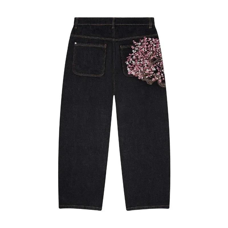 

Y2K Goth Vintage Jeans Plum Blossom Embroidery Harajuku Pattern Denim Fabric Wide Leg Pants American Style Street Wear XXL