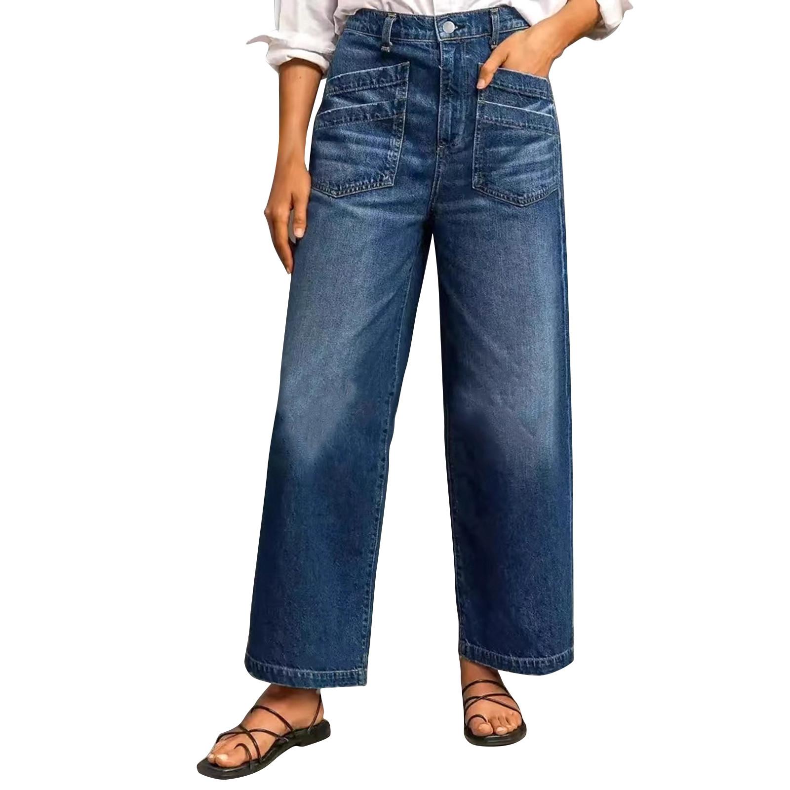 

Women s Fashion Pocket Design Casual Vintage Loose Fit Wide Leg Jeans XL