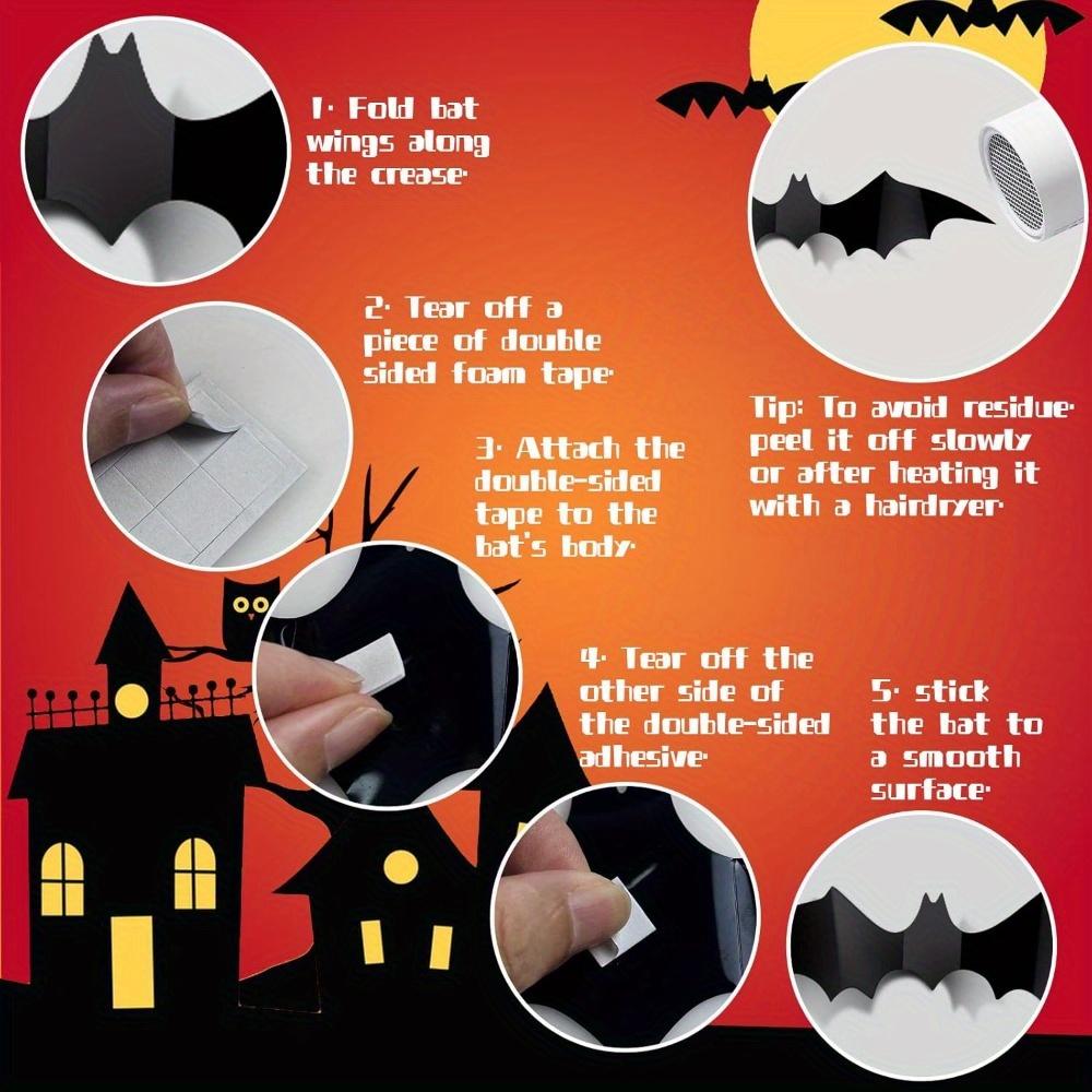 120pcs Bat Halloween Room Decor 4 Different Sizes Realistic Waterproof Black Scary Bat Sticker Home Decor Wall Decal Indoor Hallowmas Party Supplies