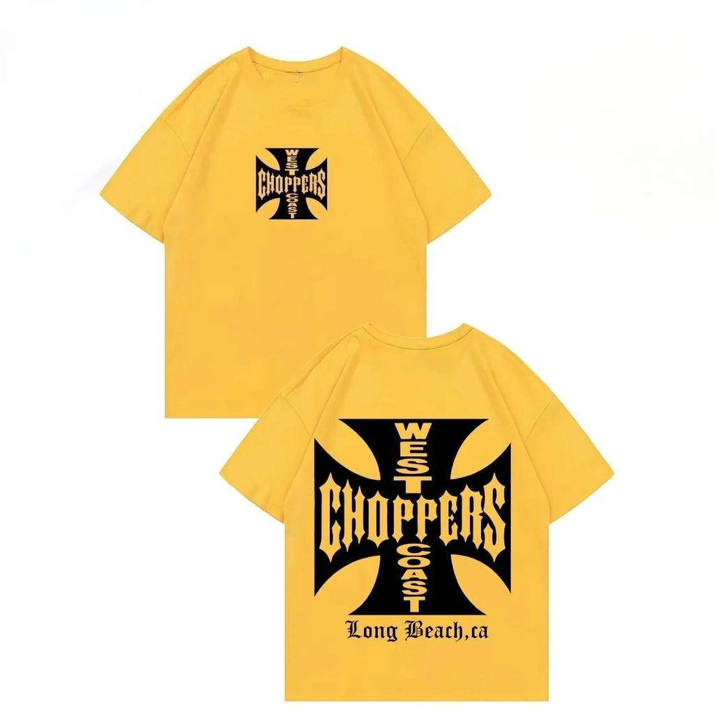 West Coast Choppers Iron Cross Logo Double-Sided T-Shirt, Unisex Biker Streetwear Tee, 100% Cotton Casual Short Sleeve Top