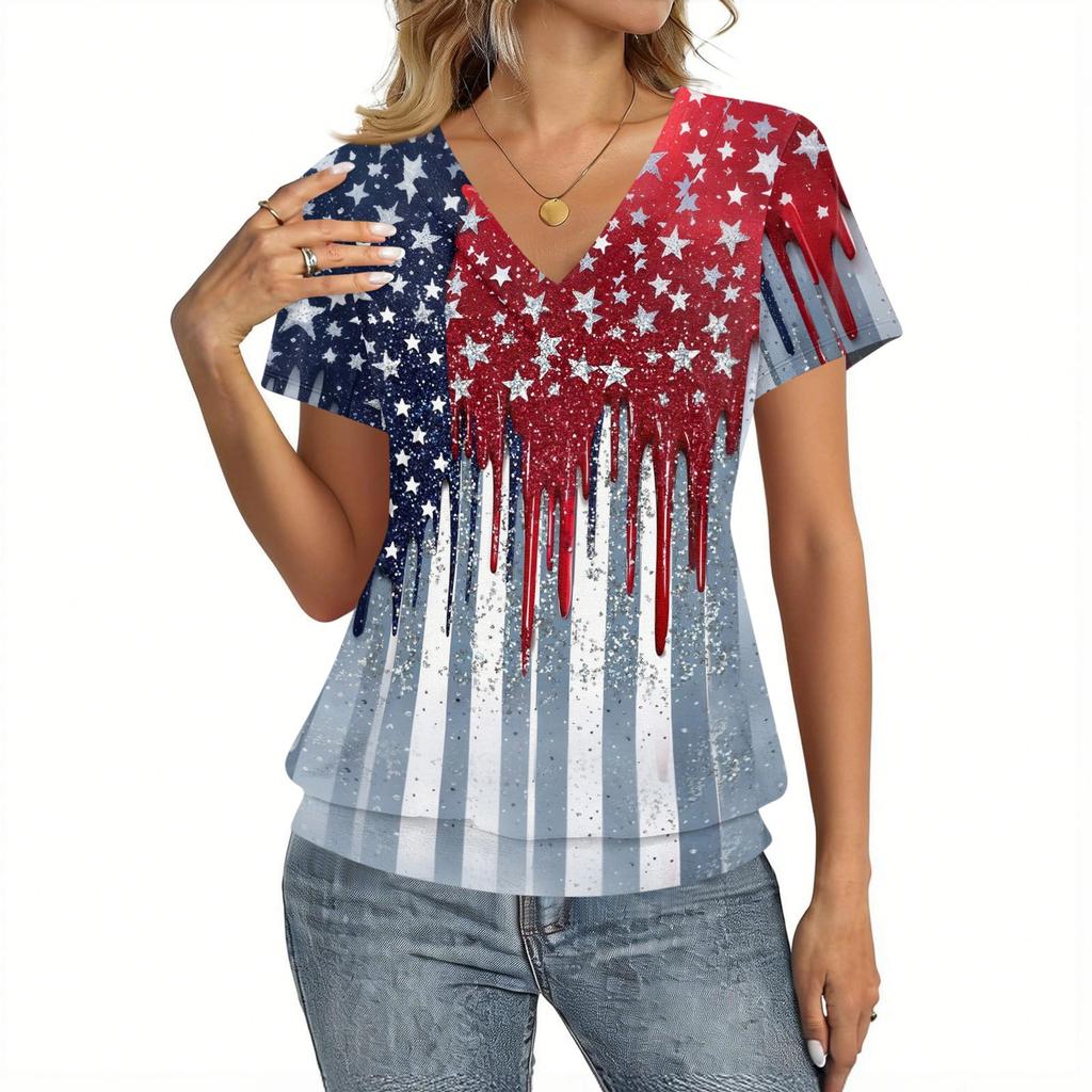 Women's Casual Short Sleeve V Neck Top with Independence Day Flag Print Lightweight Comfortable Summer Shirt for Daily Wear